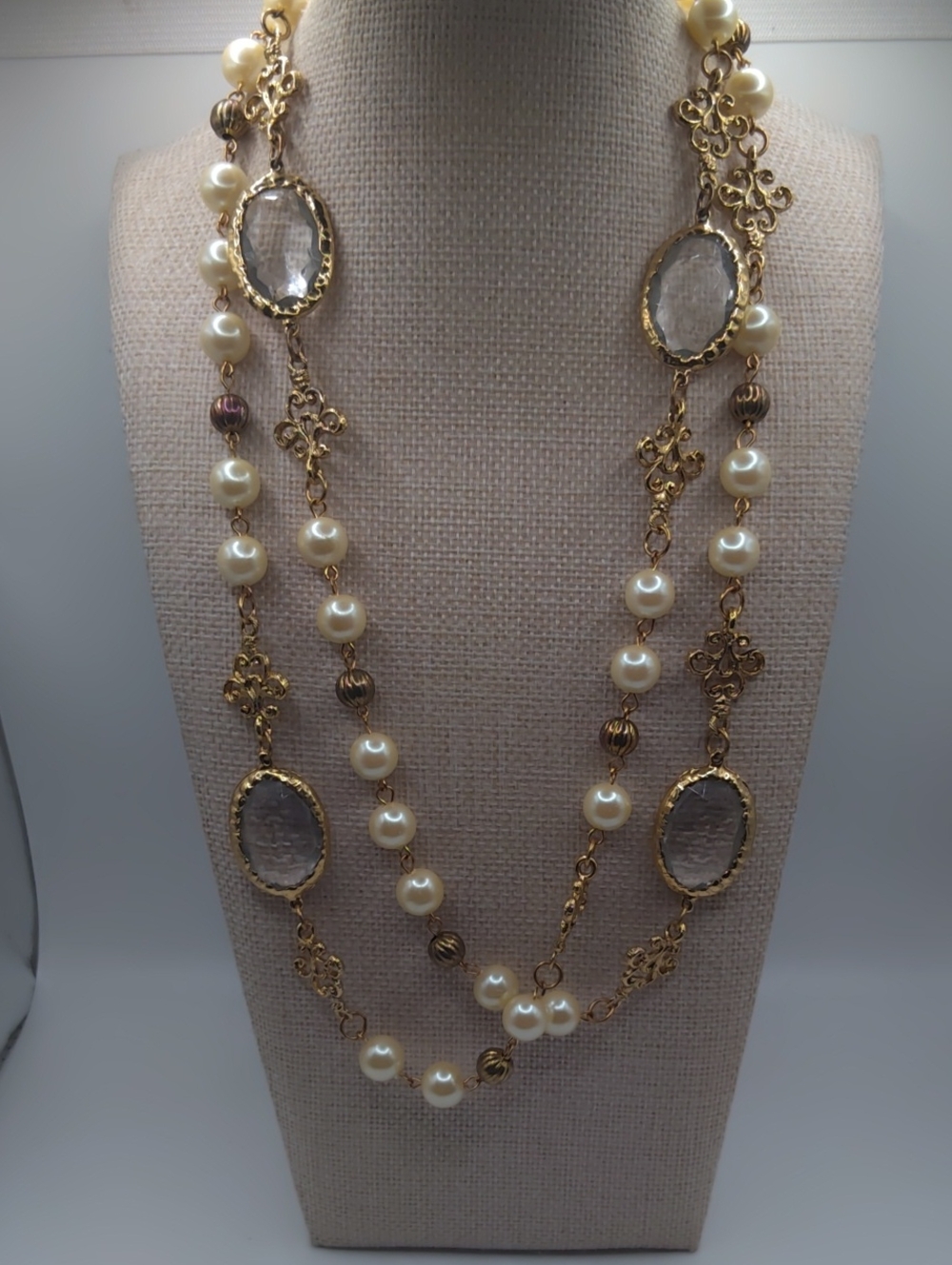 Carol Dauplaise Glass Pearl Gold Tone And Glass Beaded Necklace Vintage - Picture 8 of 8